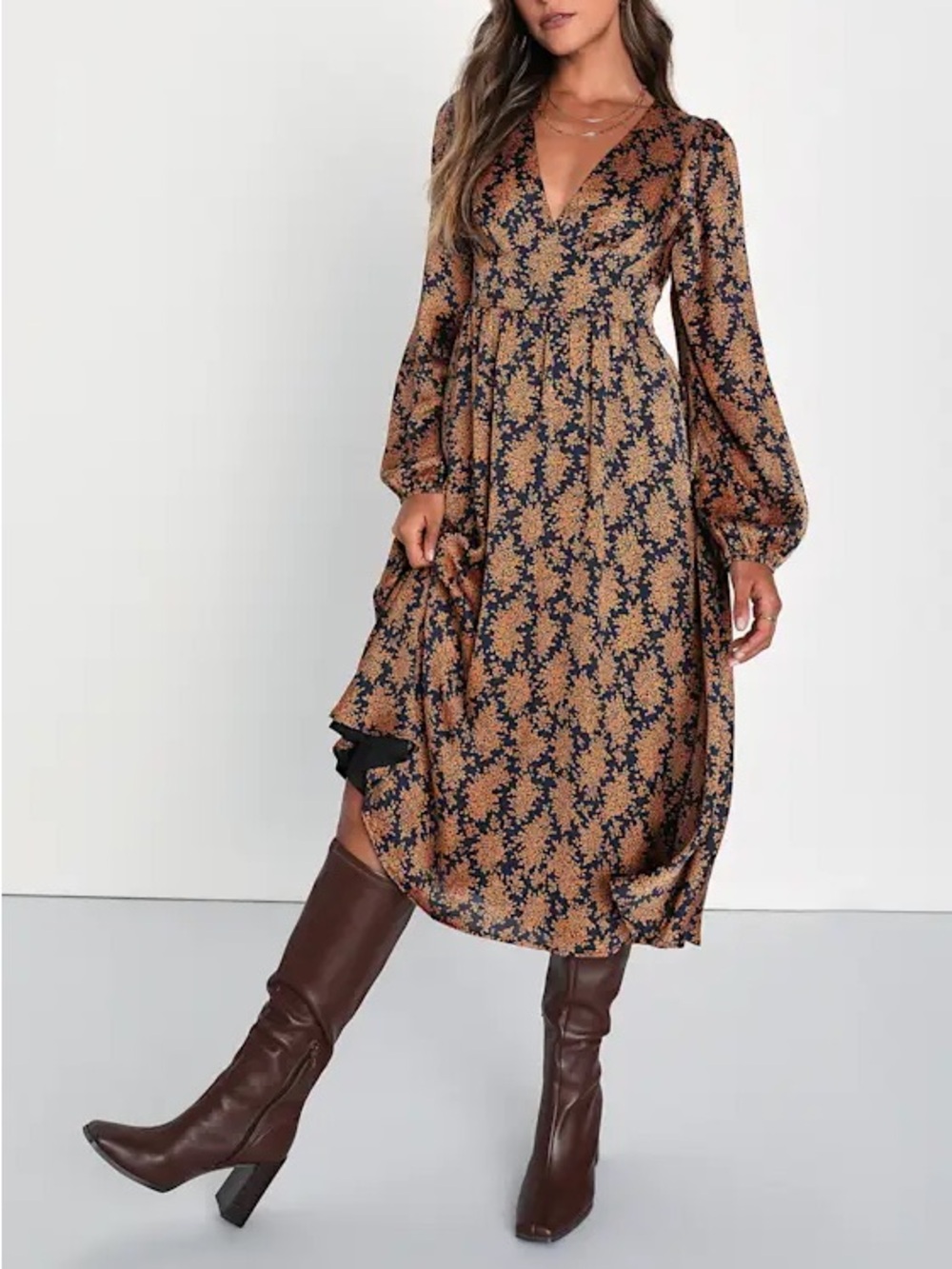 NEW Black and Orange Floral Print Midi Dress